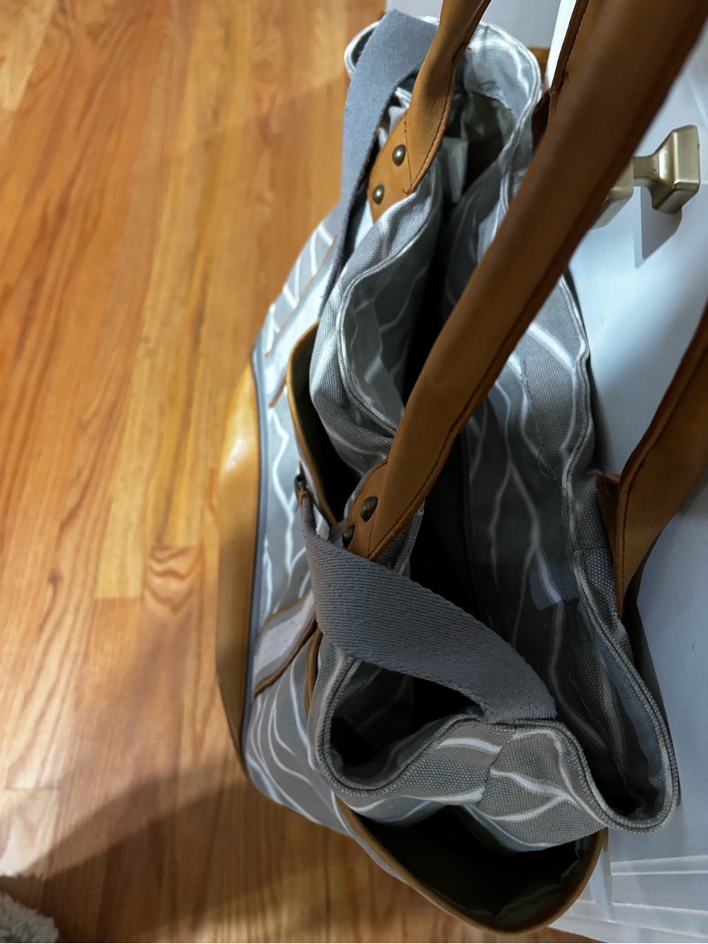 Pottery Barn Kids Gray Canvas Duffel with Brown Leather Accents